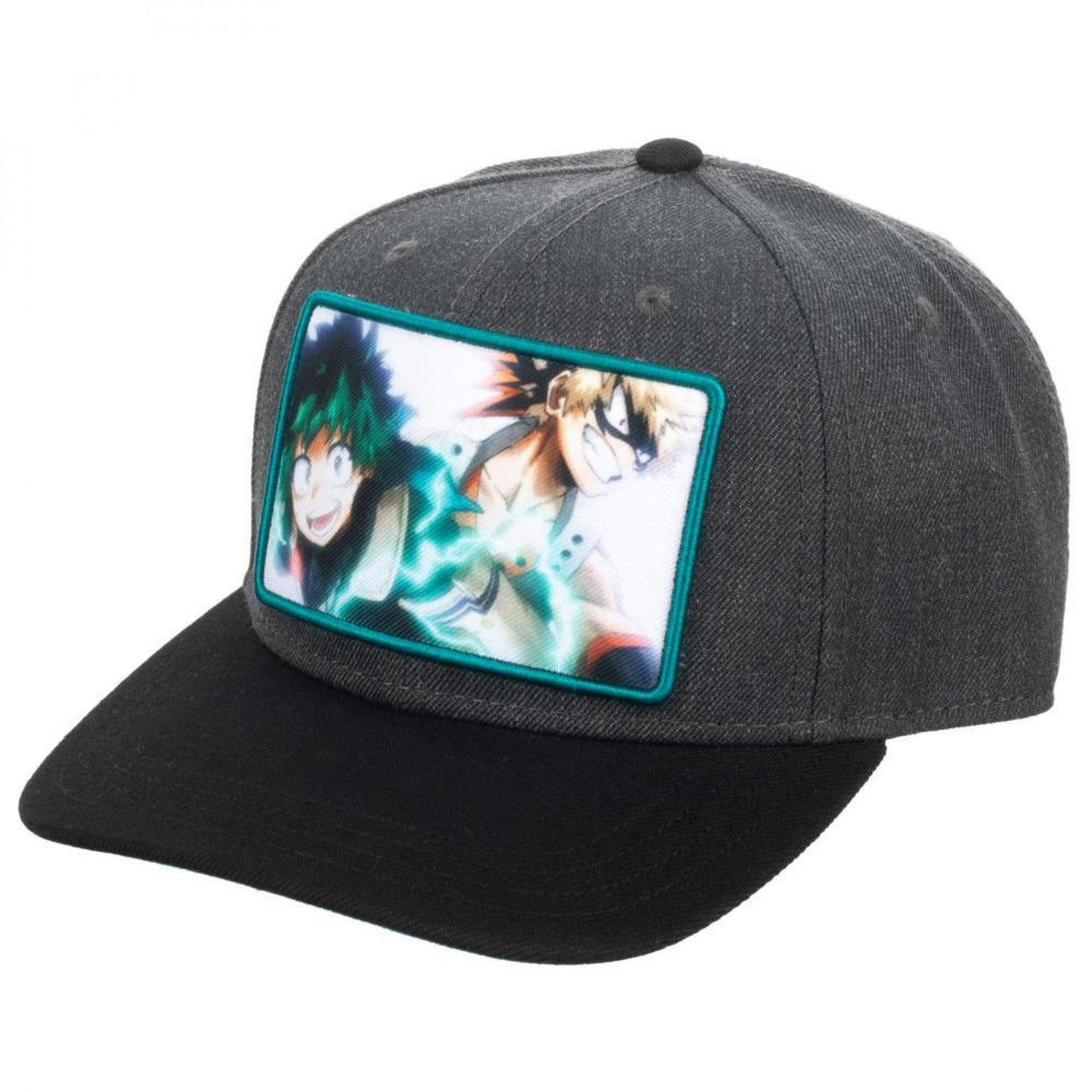 title:My Hero Academia Deku & Bakugo Sublimated Pre-Curved Snapback Hat;color:Grey