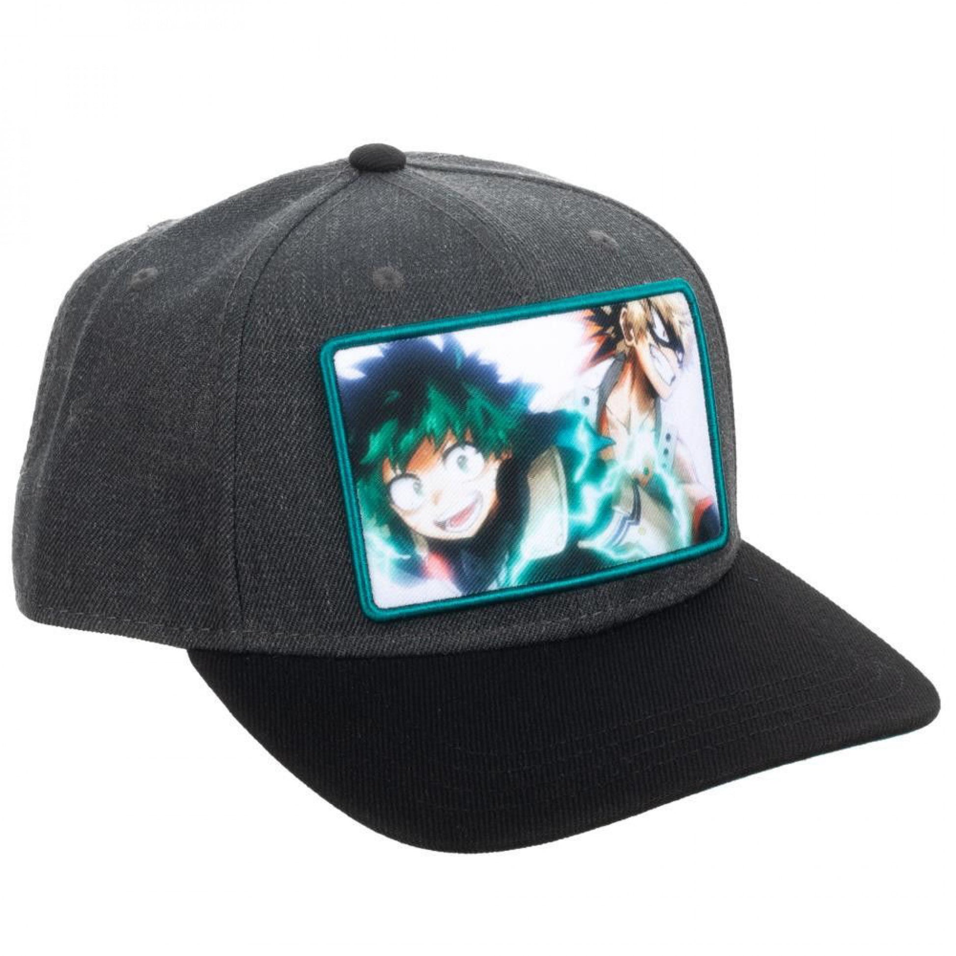 title:My Hero Academia Deku & Bakugo Sublimated Pre-Curved Snapback Hat;color:Grey