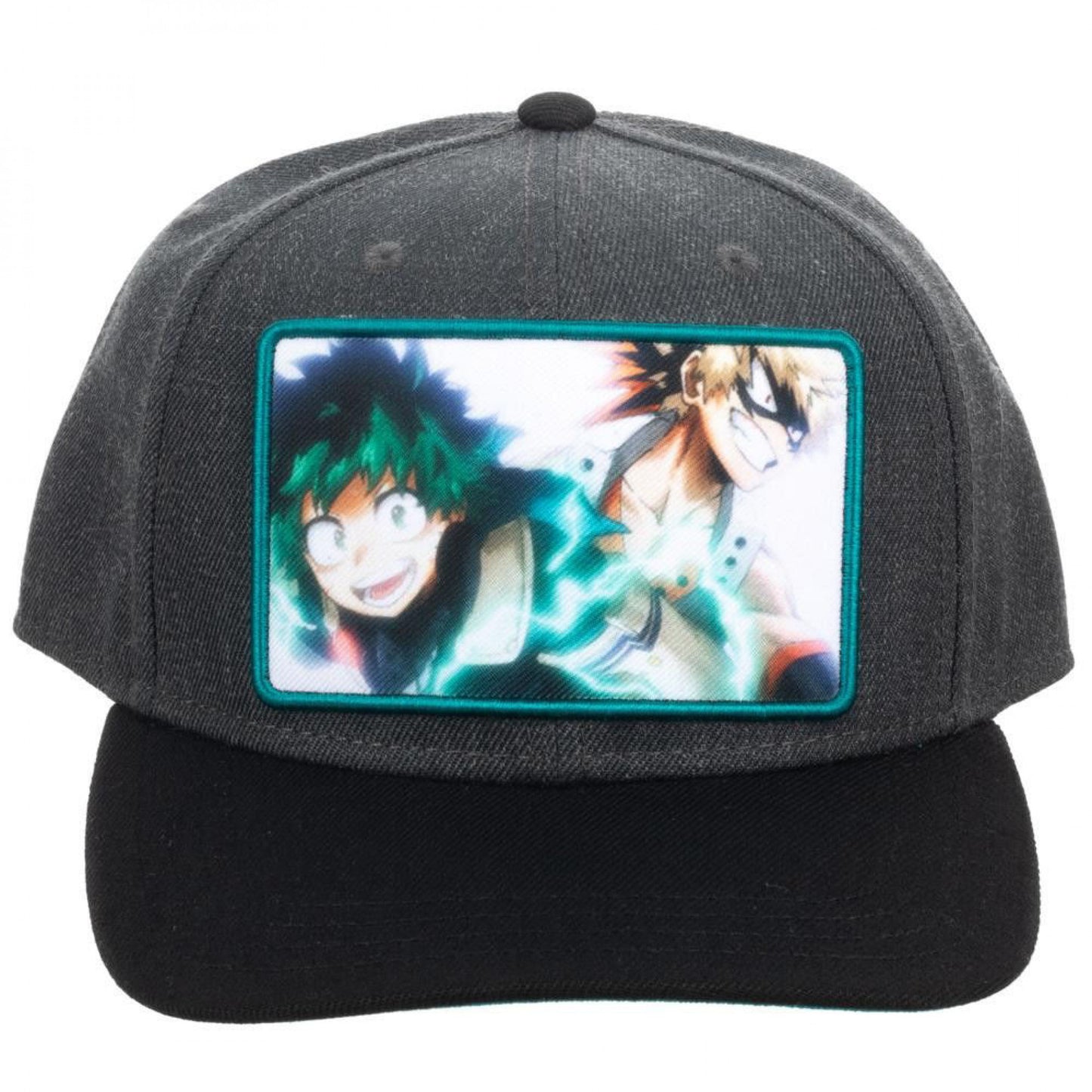 title:My Hero Academia Deku & Bakugo Sublimated Pre-Curved Snapback Hat;color:Grey