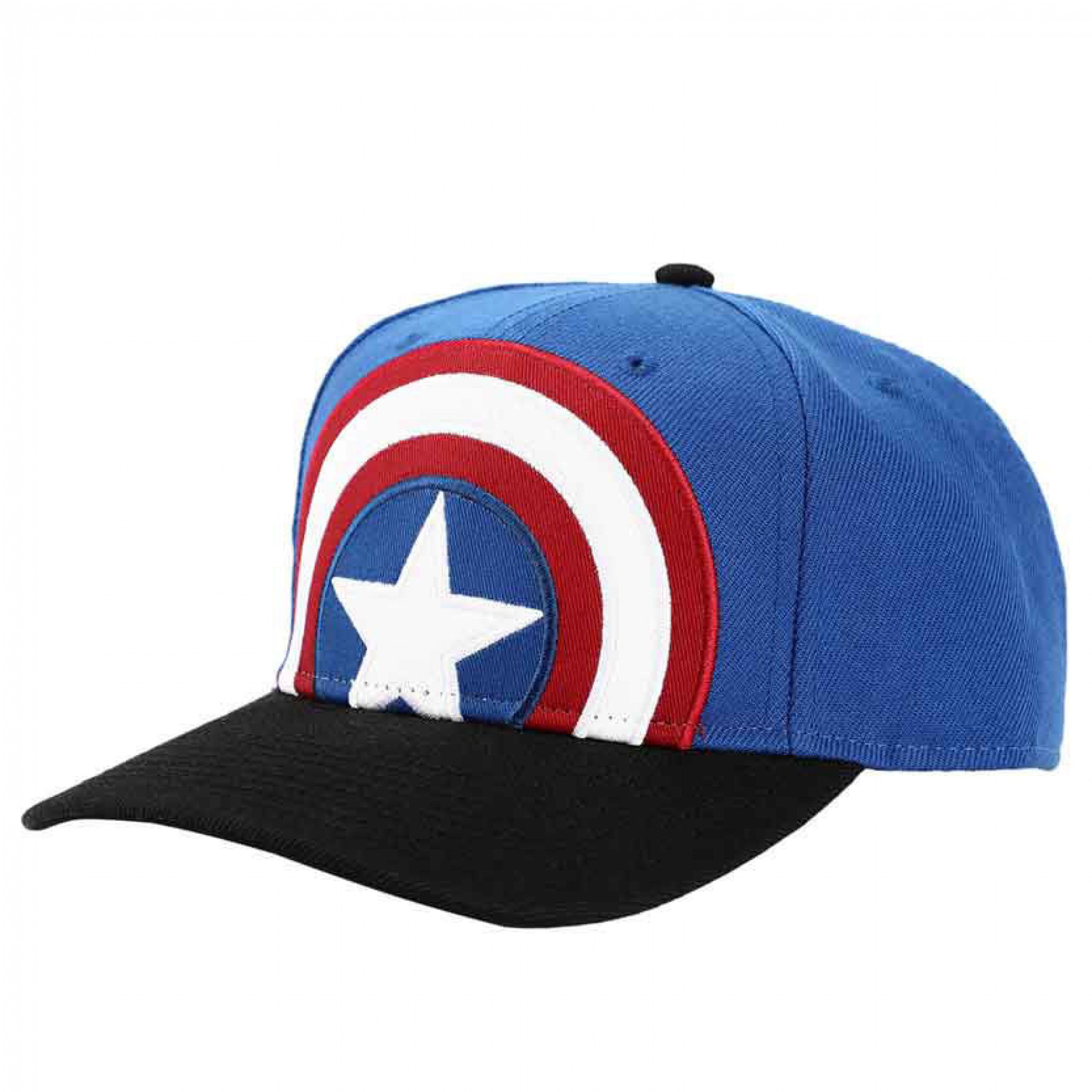 title:Marvel Captain America Large Logo Embroidered Pre-Curved Snapback Hat;color:Blue