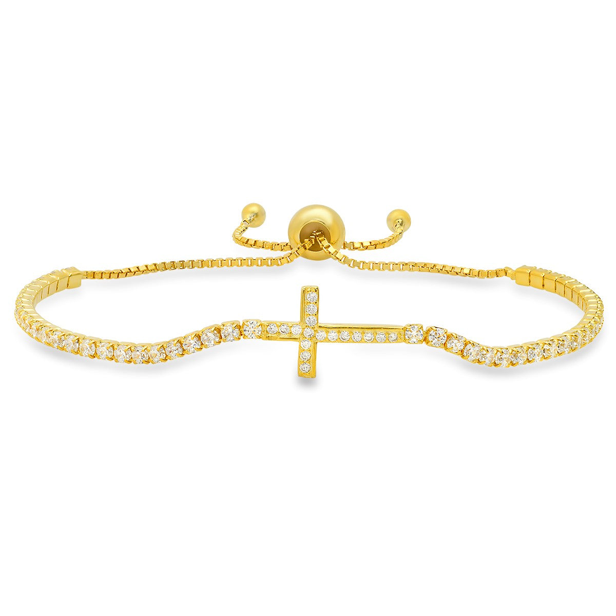 title:Sterling Silver Petite CZ Cross Adjustable Bracelet;color:Gold