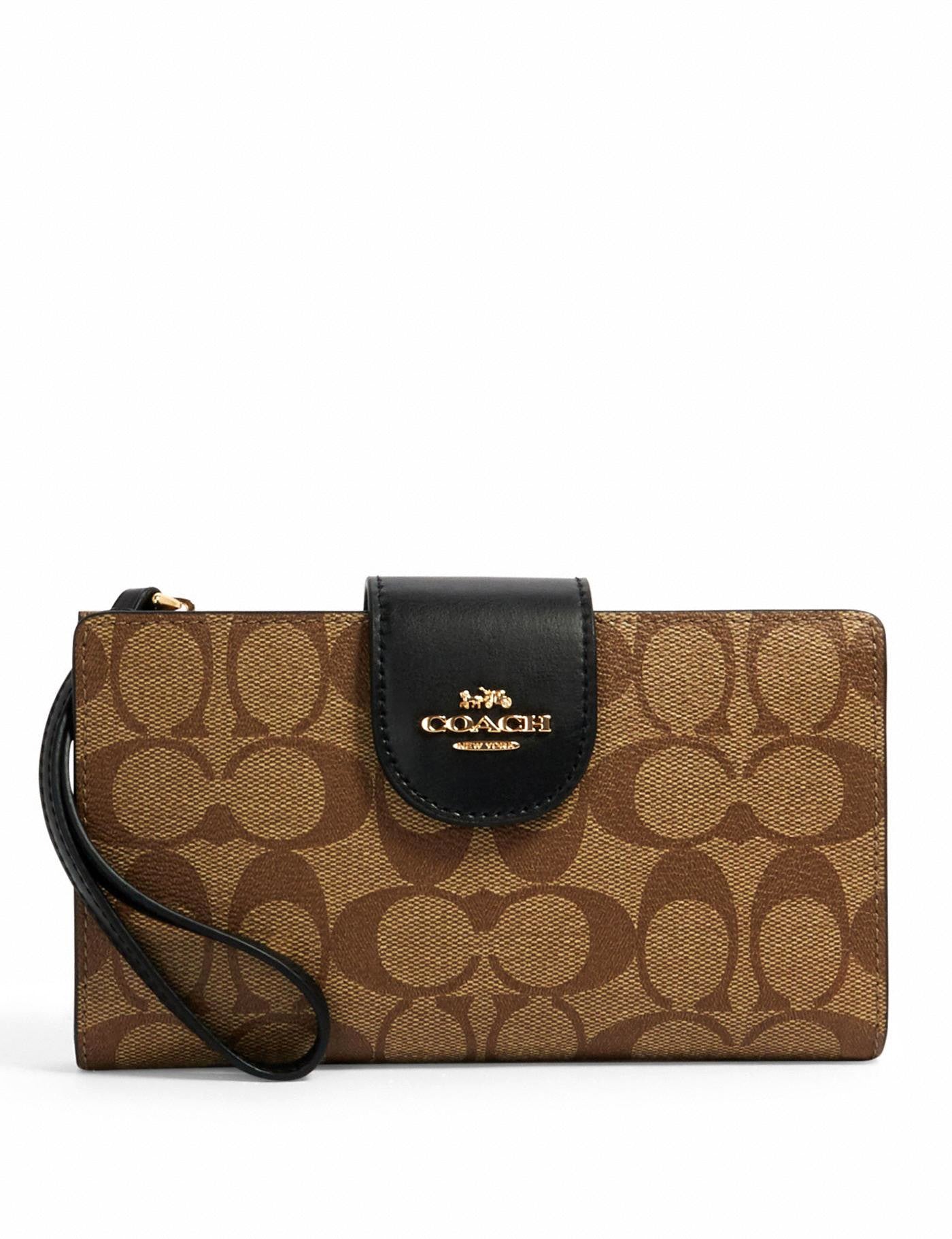 title:Coach Women's Khaki & Black Tech Phone Wallet In Colorblock Signature Canvas;color:Khaki / Black