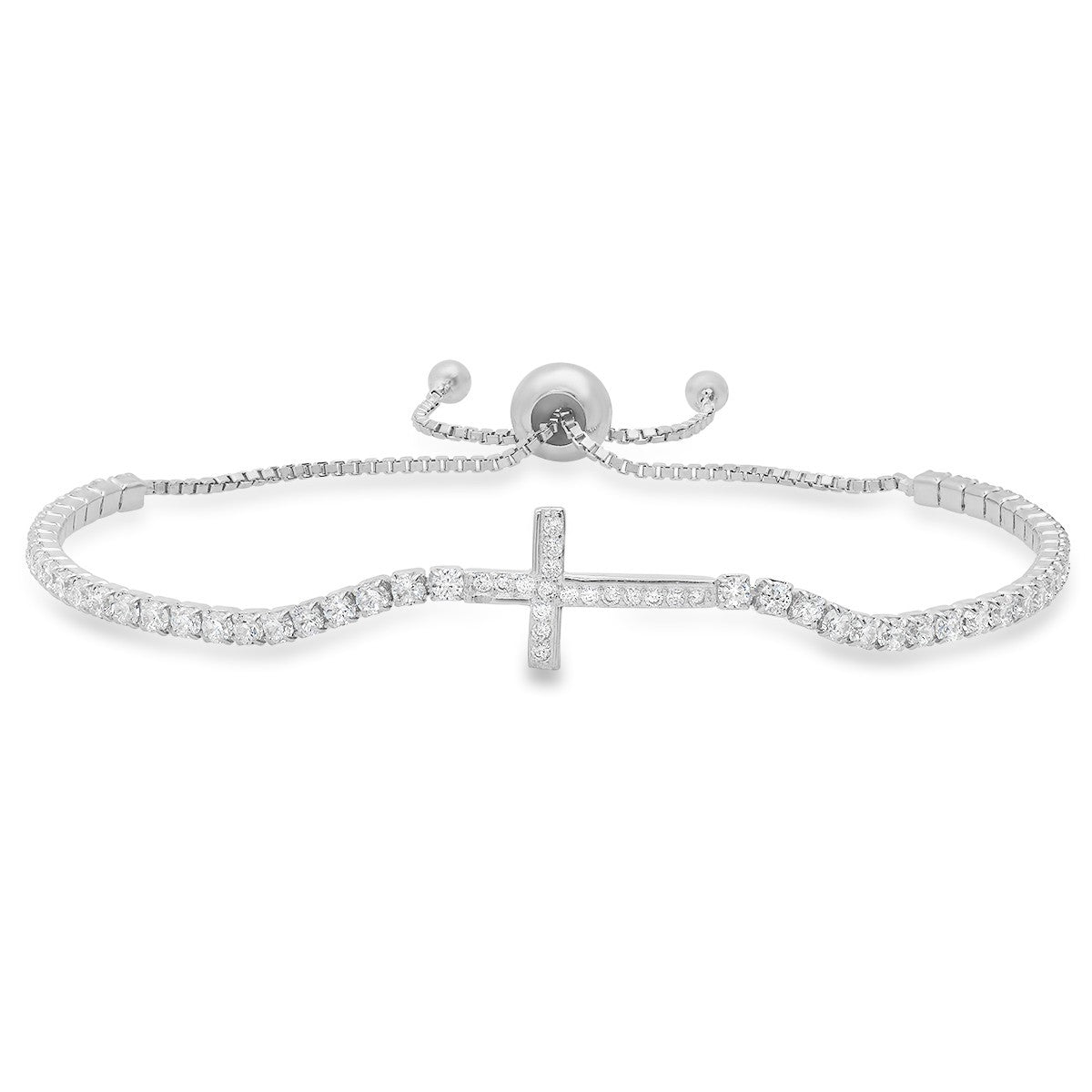 title:Sterling Silver Petite CZ Cross Adjustable Bracelet;color:Silver