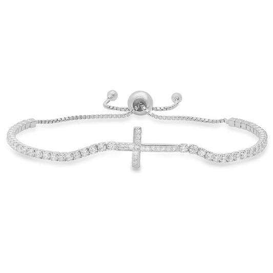 title:Sterling Silver Petite CZ Cross Adjustable Bracelet;color:Silver