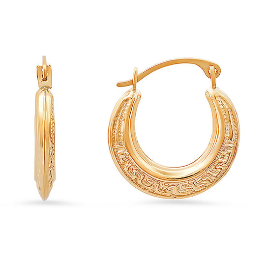 10k Yellow Gold Vintage Greek Keys 16mm Huggy Hoop Earrings - Ruumur