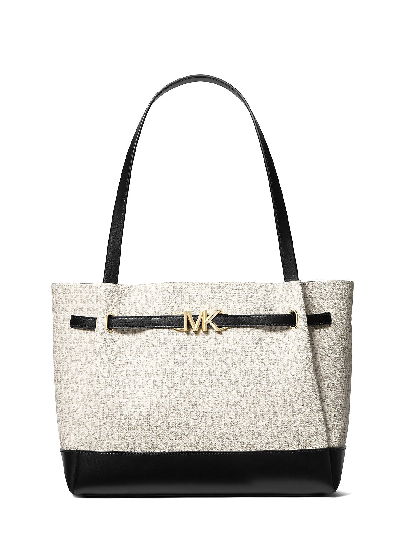 title:Michael Kors Reed Large Belted Logo Tote;color:Vanilla / Black