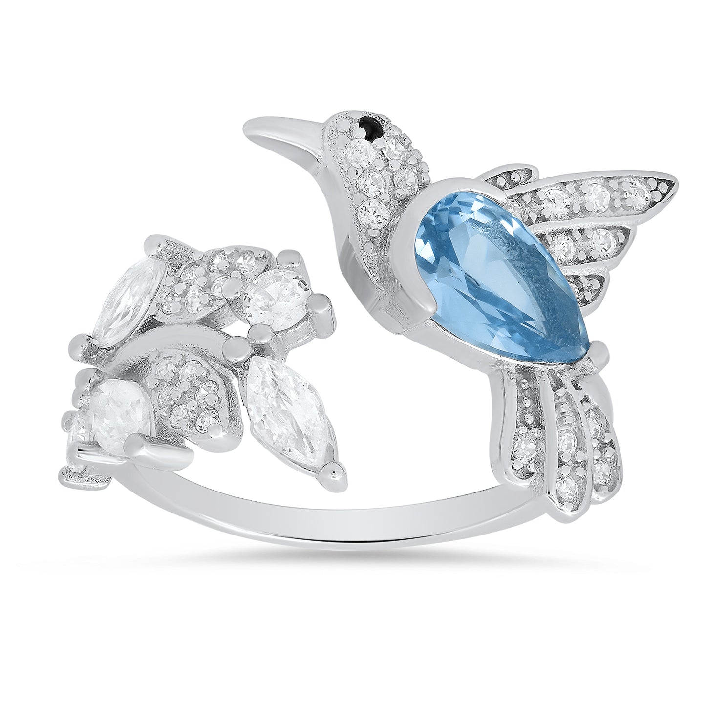 title:Sterling Silver Aqua CZ Hummingbird Ring;color:not applicable