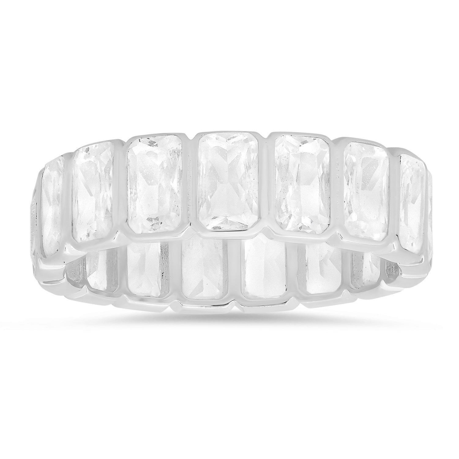 title:Sterling Silver Bezel-set Emerald-cut CZ Eternity Band Ring;color:Silver