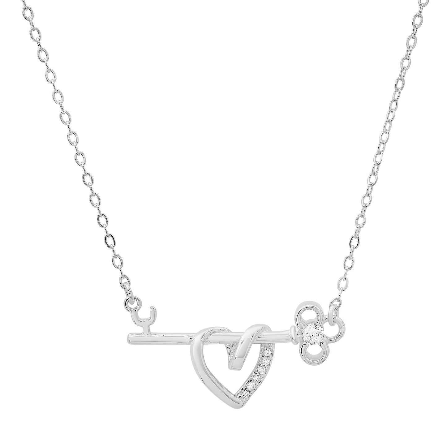 title:Sterling Silver "Key to my Heart" CZ Bar Necklace;color:Silver