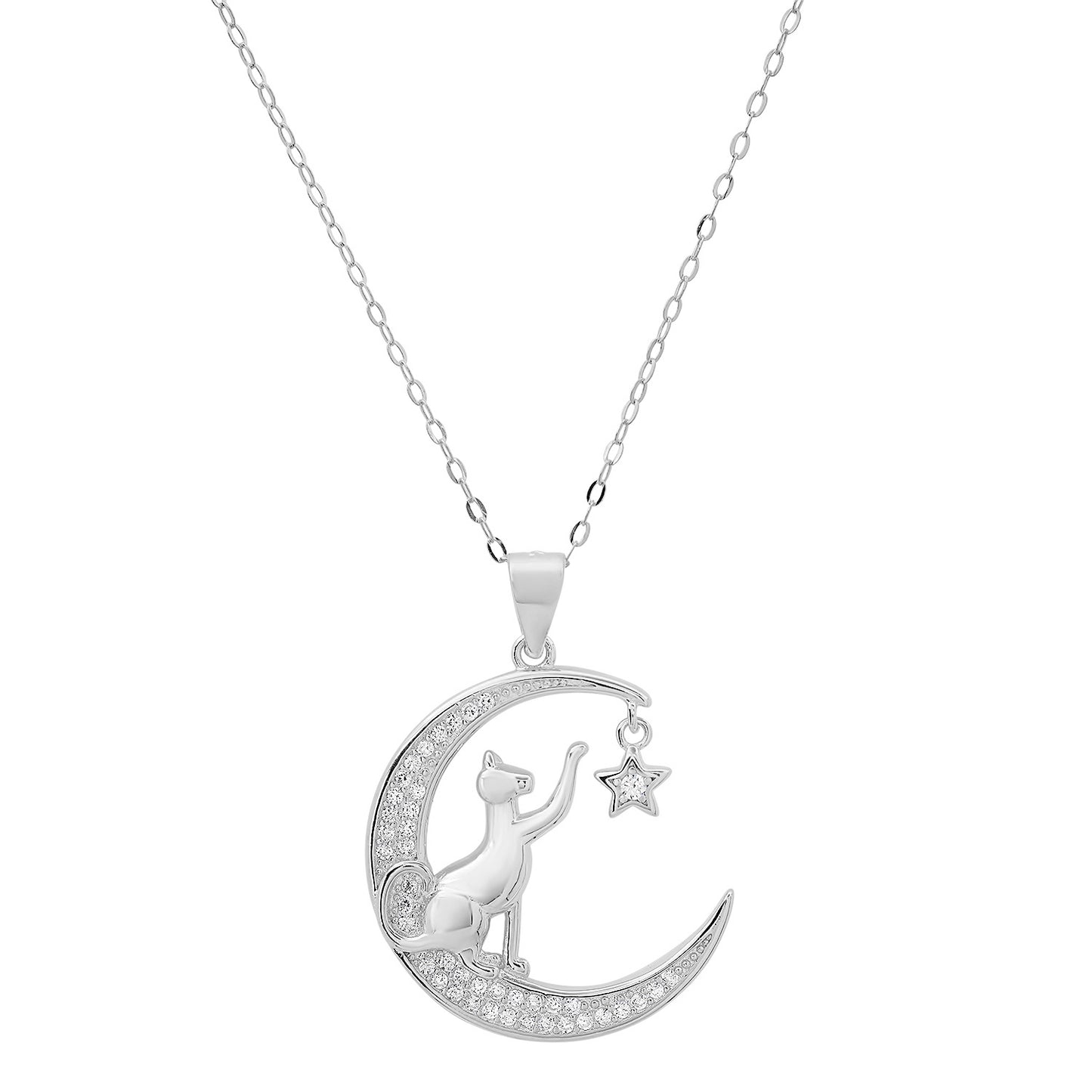 title:Sterling Silver Dangling Moon/Star Cat CZ Pendant Necklace;color:Silver