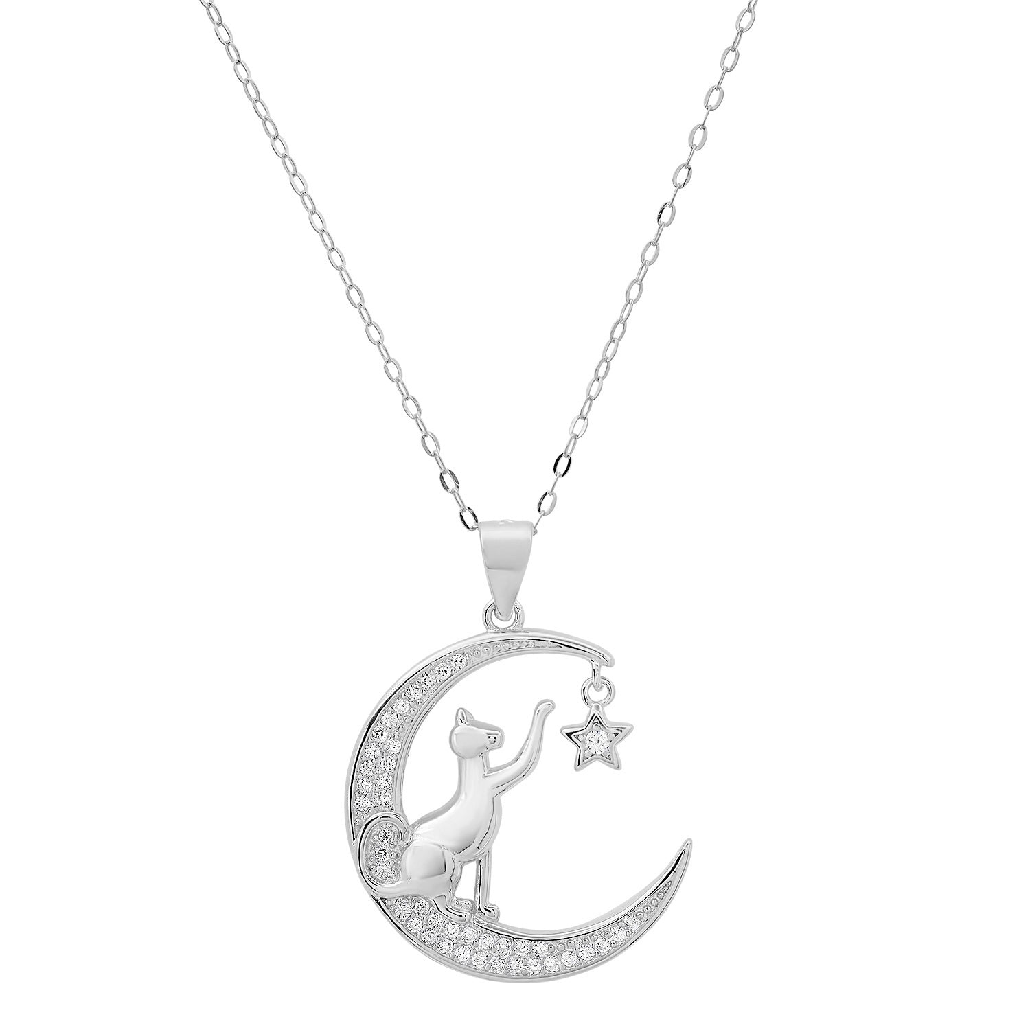 title:Sterling Silver Dangling Moon/Star Cat CZ Pendant Necklace;color:Silver