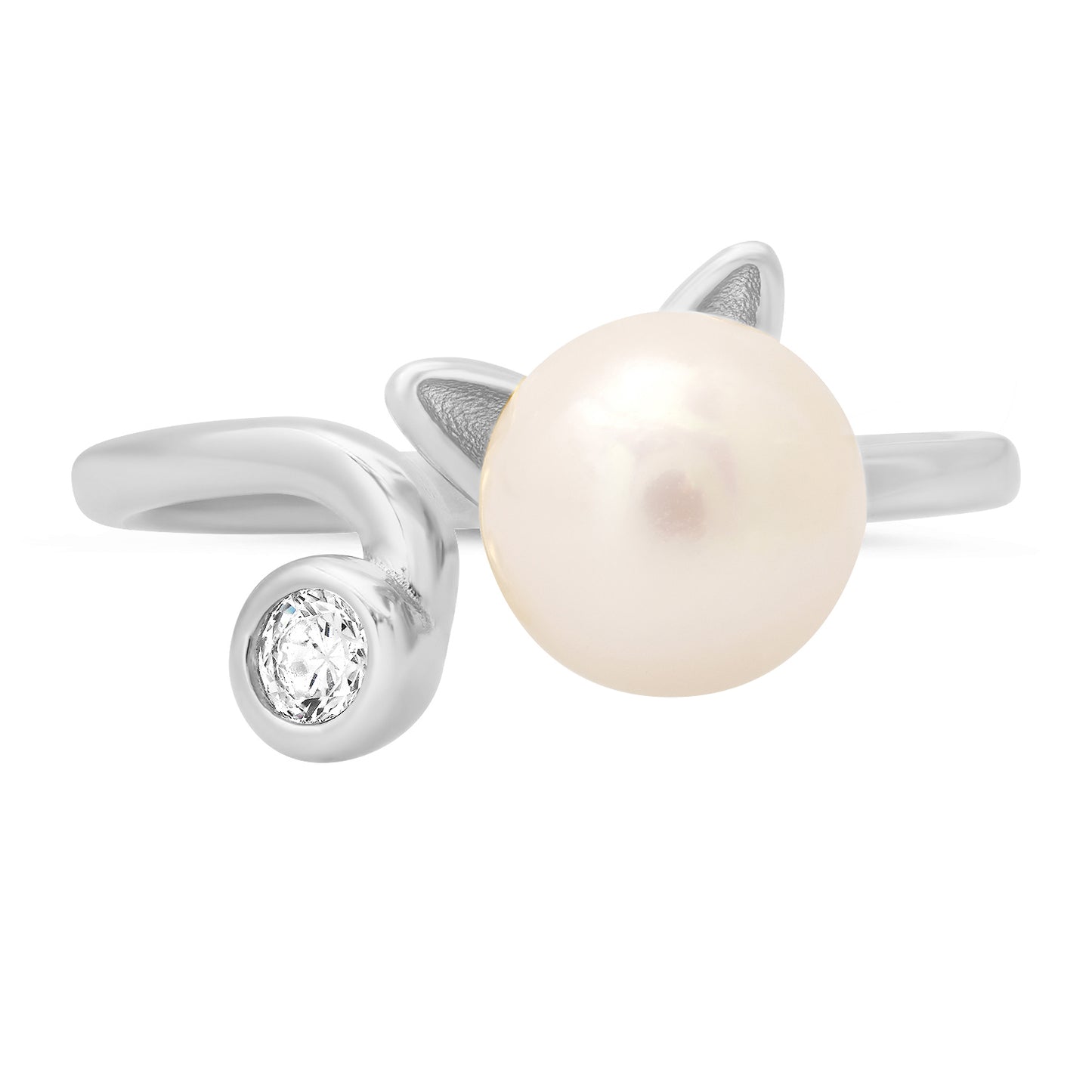 title:Sterling Silver Kitty Cat Genuine Pearl & CZ Ring;color:Silver