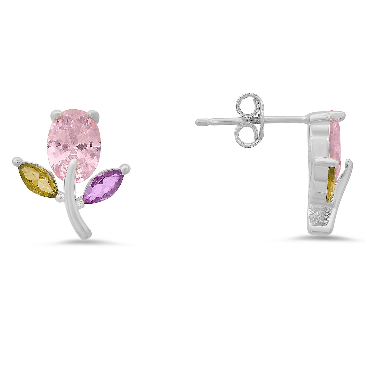 title:Sterling Silver Multi-Color CZ Flower Stud Earrings;color:Silver