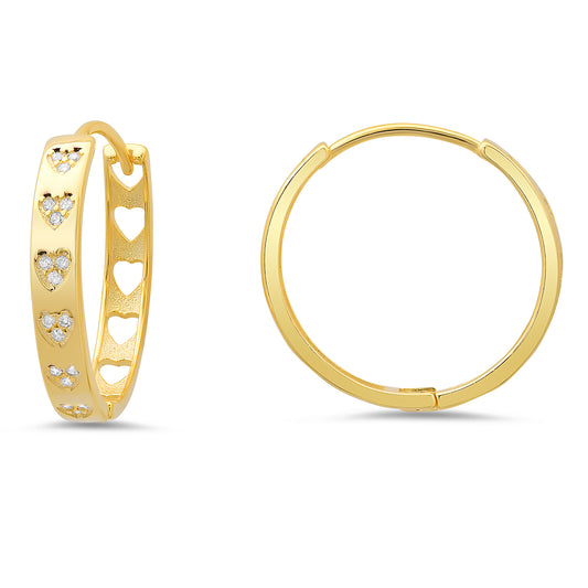 title:Sterling Silver 25mm Bezel Inlay CZ Heart Hoop Earrings;color:Gold