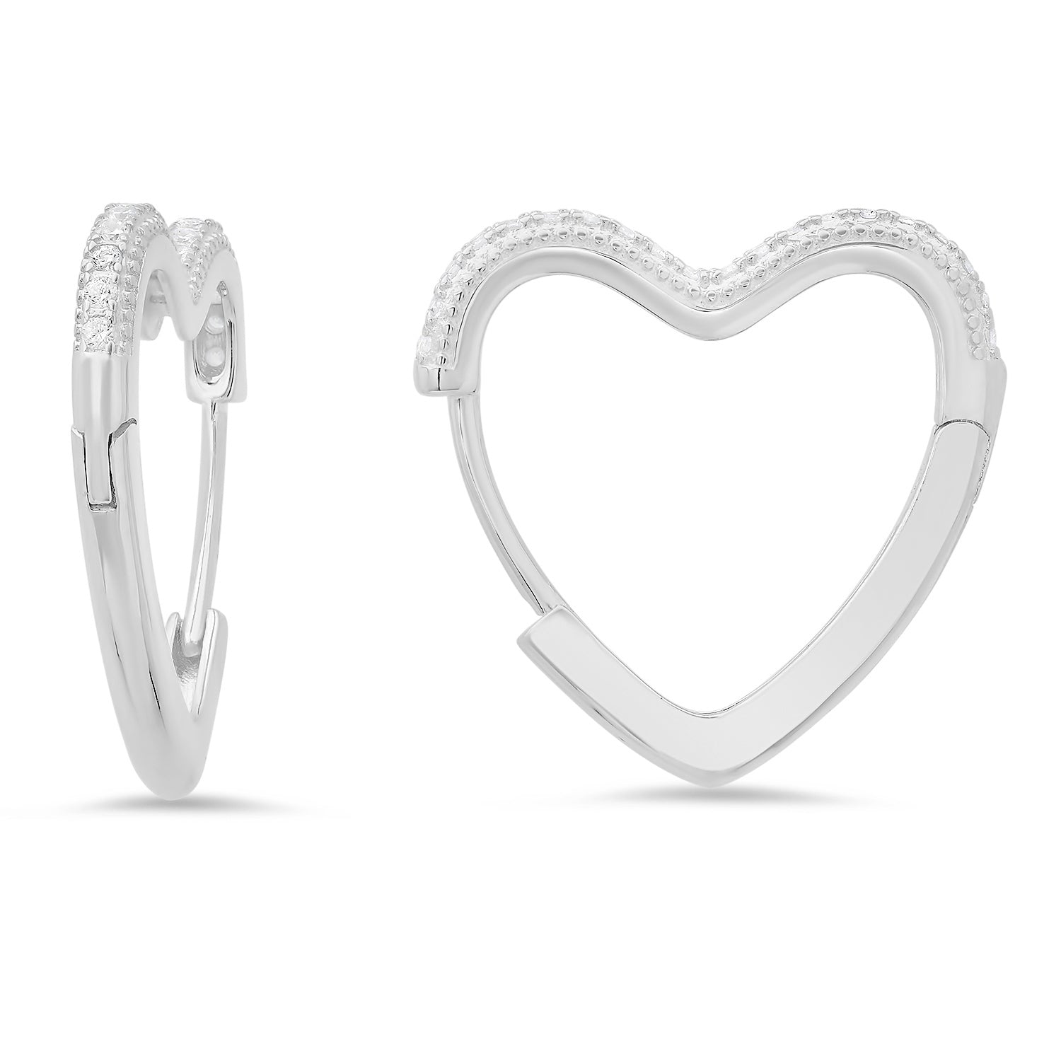 title:Sterling Silver 20mm Heart Shaped Pave CZ Hoop Earrings;color:Silver