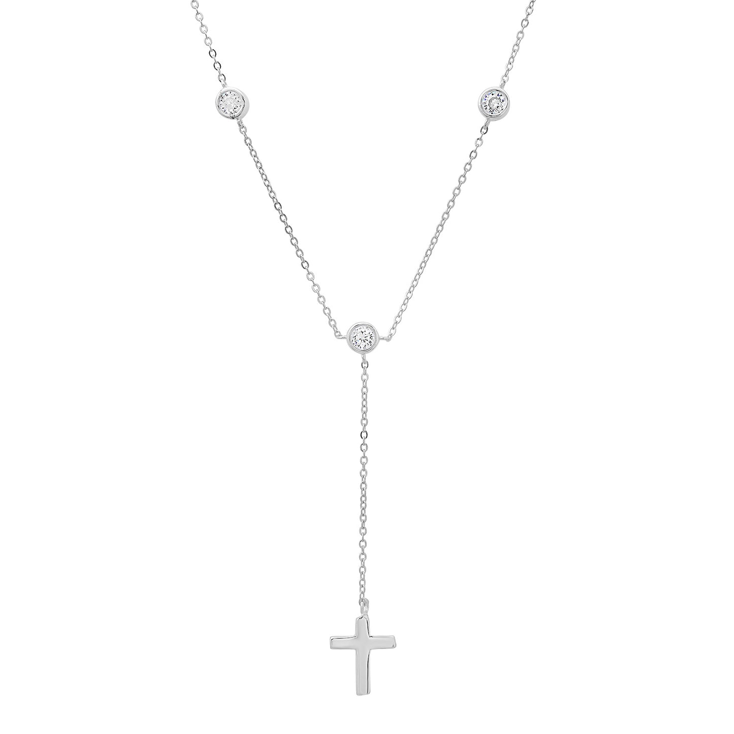 title:Sterling Silver Bezel-set CZ Cross Y Necklace;color:Silver