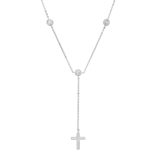 title:Sterling Silver Bezel-set CZ Cross Y Necklace;color:Silver