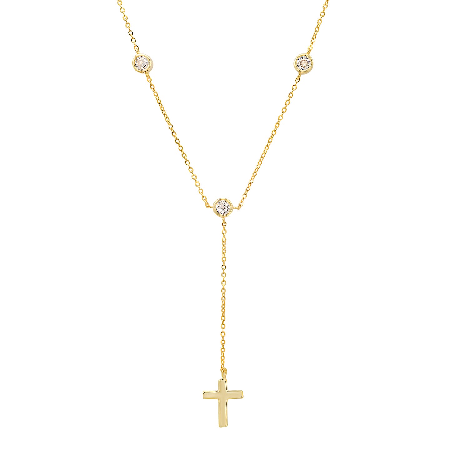 title:Sterling Silver Bezel-set CZ Cross Y Necklace;color:Gold