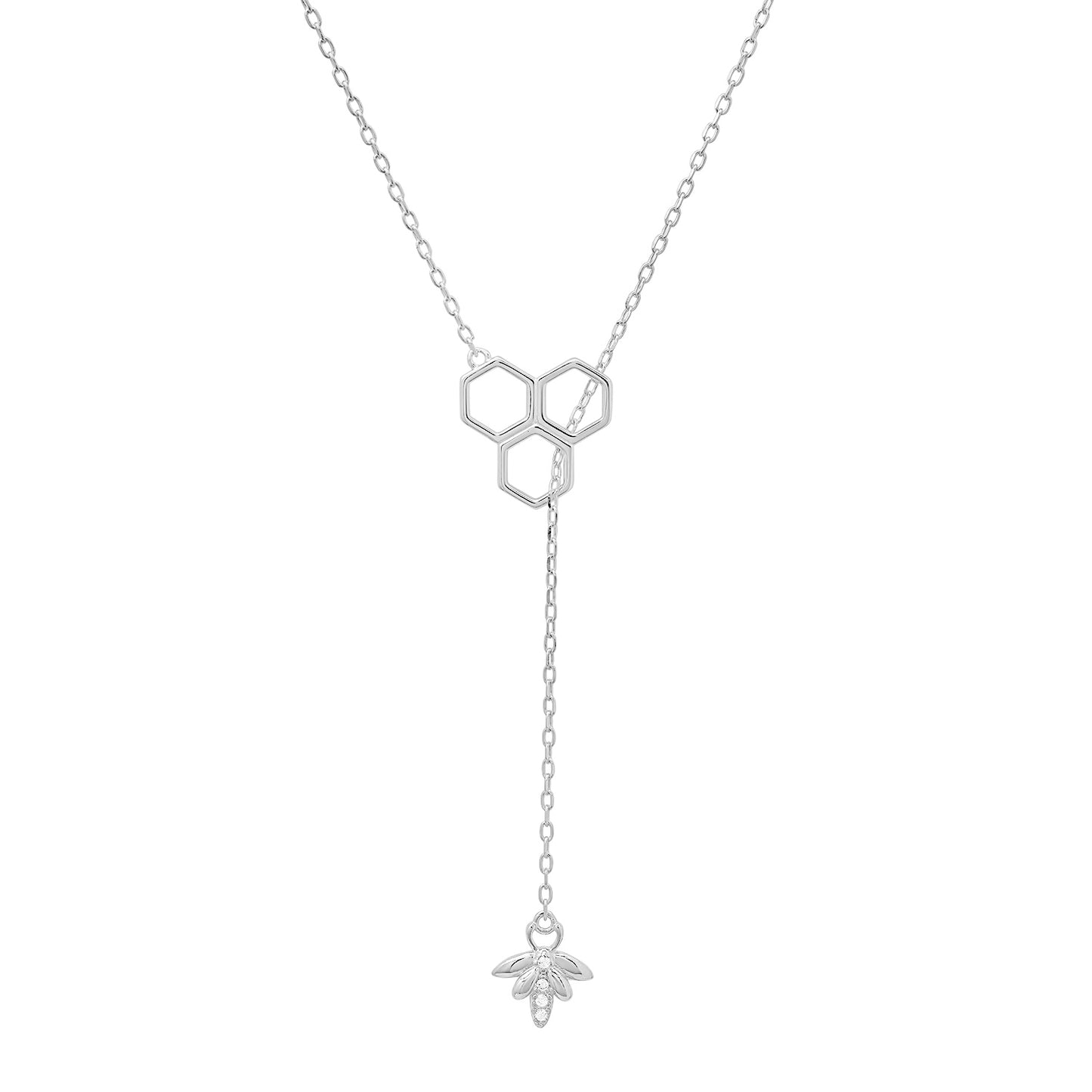 title:Sterling Silver Honeycomb Bumble Bee Lariat Y Necklace;color:Silver