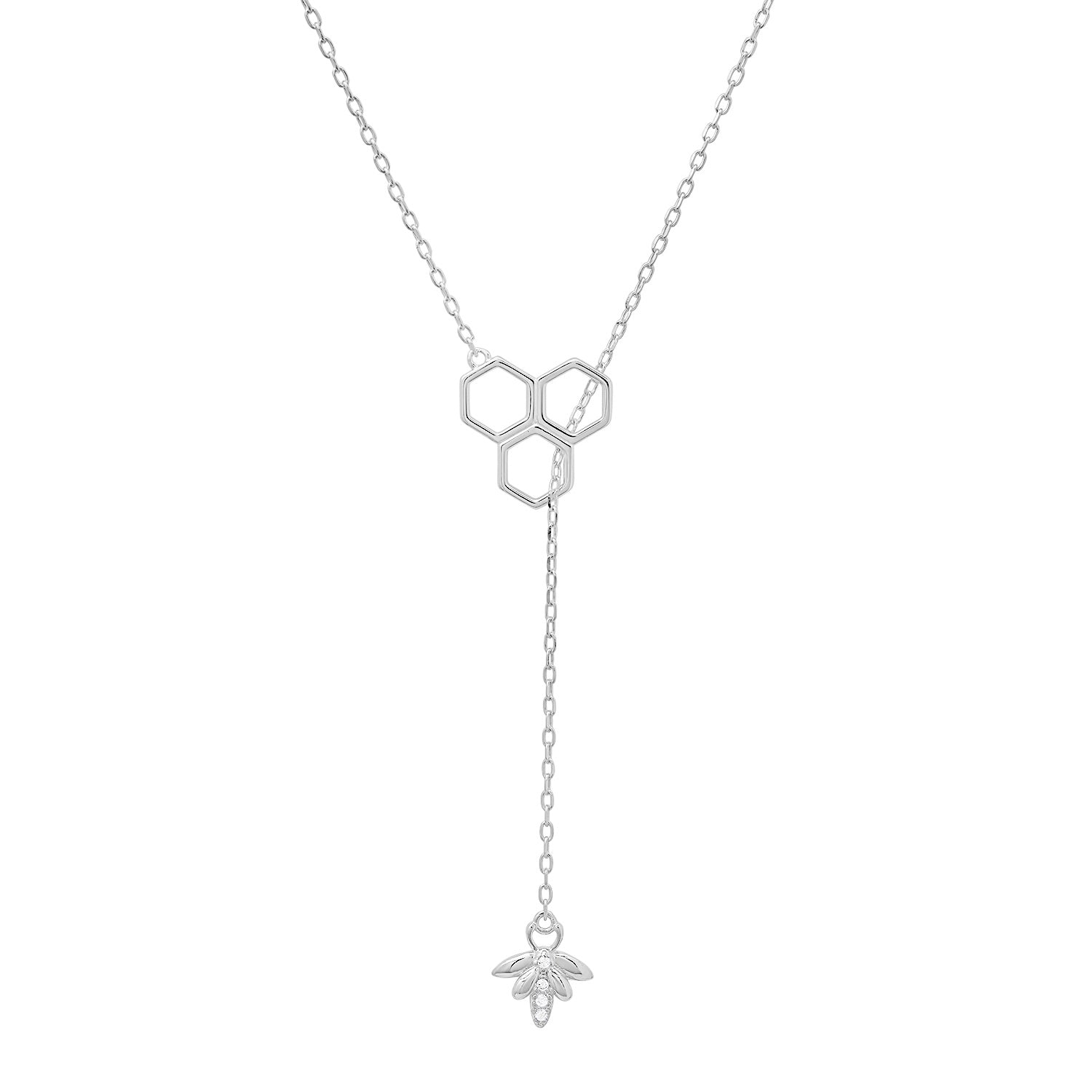 title:Sterling Silver Honeycomb Bumble Bee Lariat Y Necklace;color:Silver