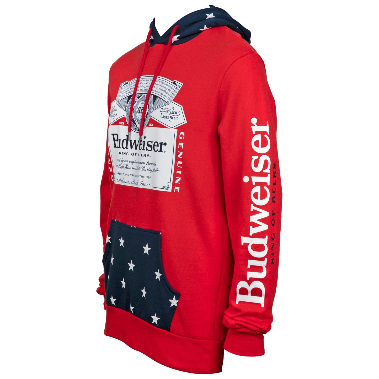 title:Budweiser Bottle Label and Patriotic Stars Hoodie;color:Red