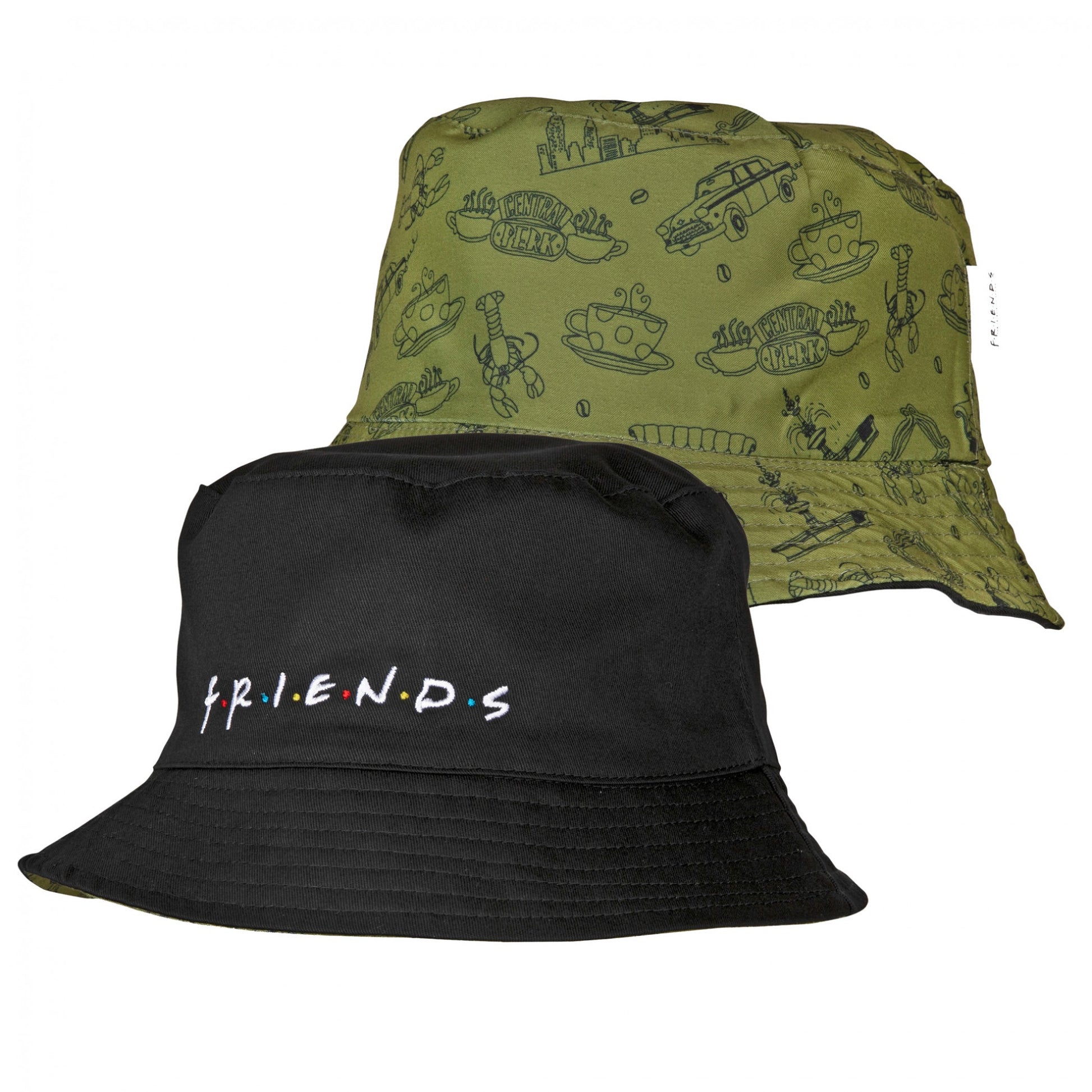 title:Friends TV Show Text and All Over Symbols Reversible Bucket Hat;color:Green