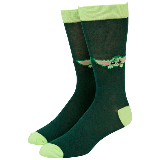 title:Star Wars The Mandalorian Grogu The Child Peeking Over Crew Socks;color:Green