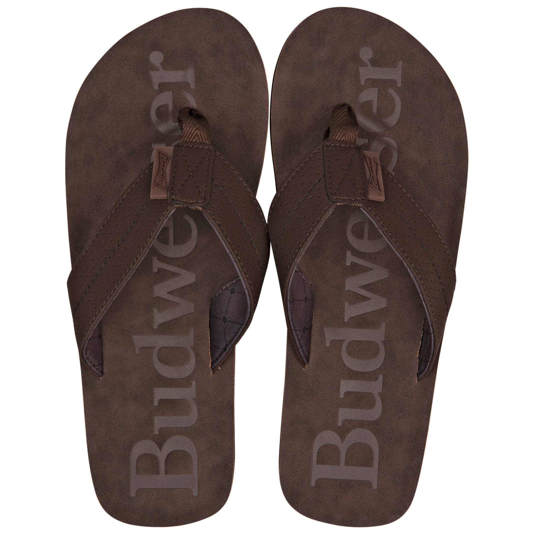title:Budweiser Printed Brown Distressed Flip Flop Sandals;color:Brown