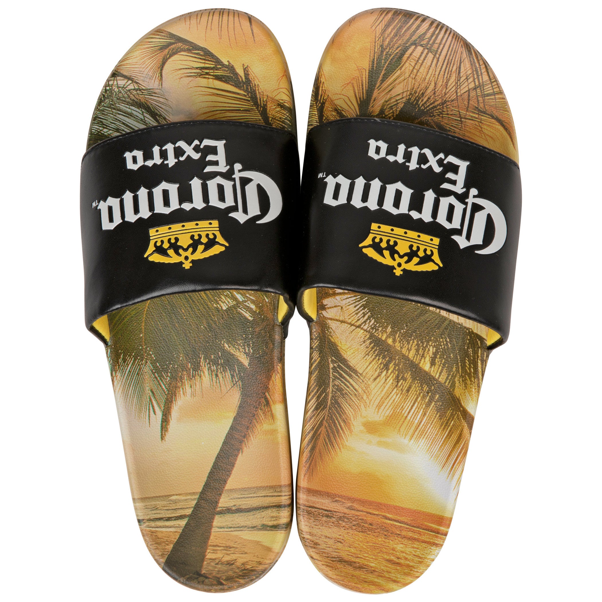 title:Corona Extra Black Label with Beach Scene Sandal Slides;color:Multi-Color