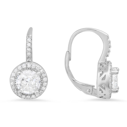 Sterling Silver Round-cut CZ Halo Leverback Earrings - Ruumur