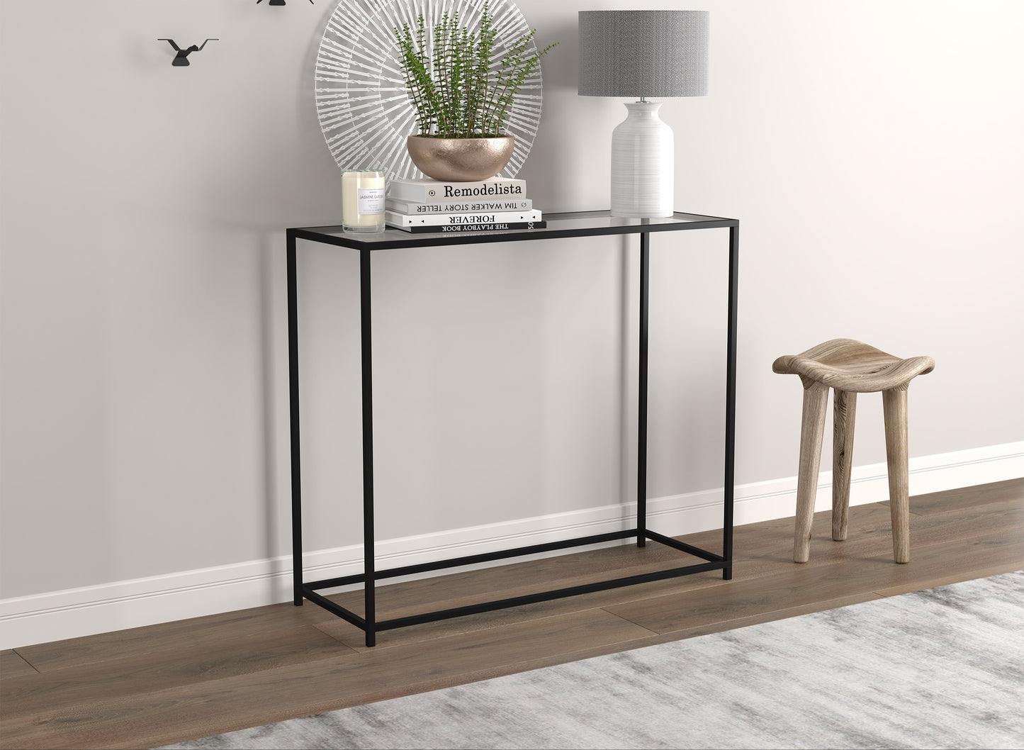 Safdie & Co. Console Table 31" Glass Black Metal, Entryway or Sofa Table for Living Room