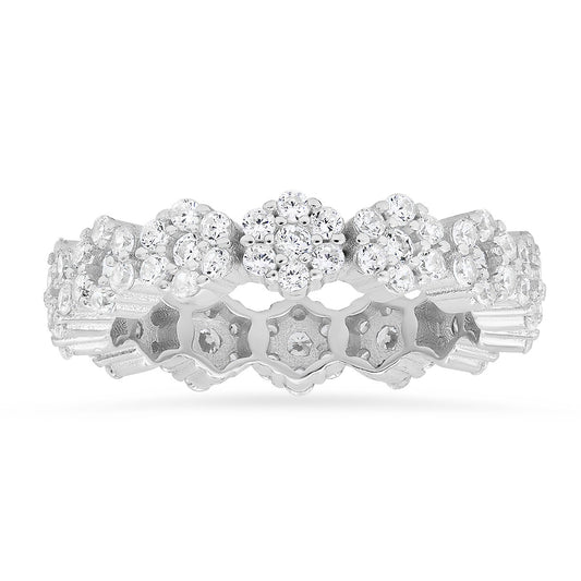 Sterling Silver Floral CZ Eternity Band Ring - Ruumur