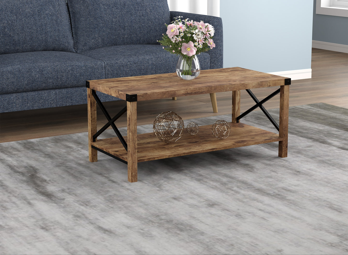 Safdie & Co. Coffee Table 39" Brown Reclaimed Wood X Metal Sides, Central Table for Living Room