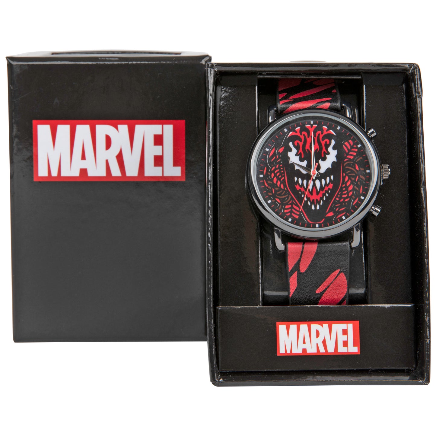 title:Carnage Face and Symbiote Watch with Faux Leather Strap;color:Red