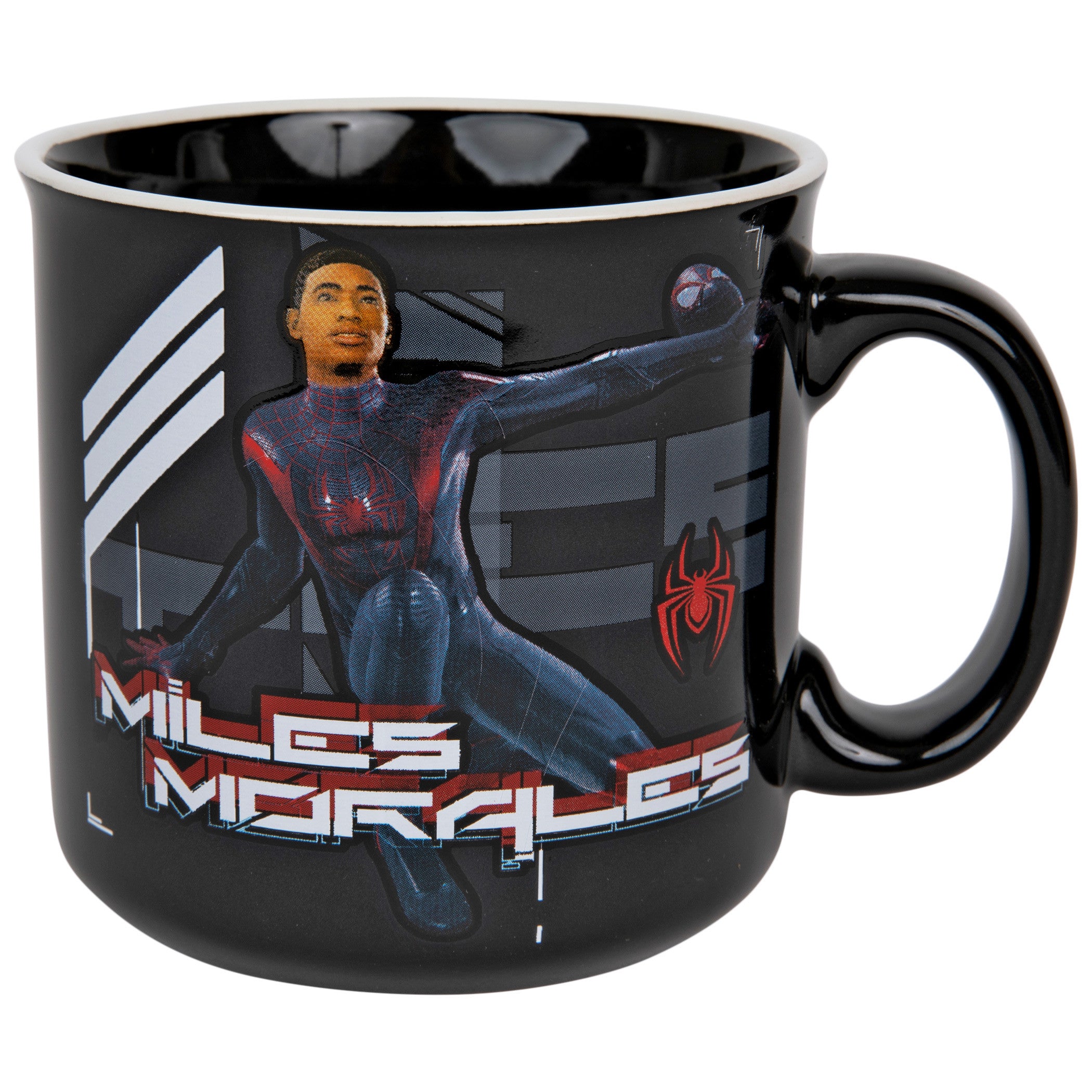 title:Spider-Man Miles Morales Holding Mask 20 Ounce Camper Mug;color:Black