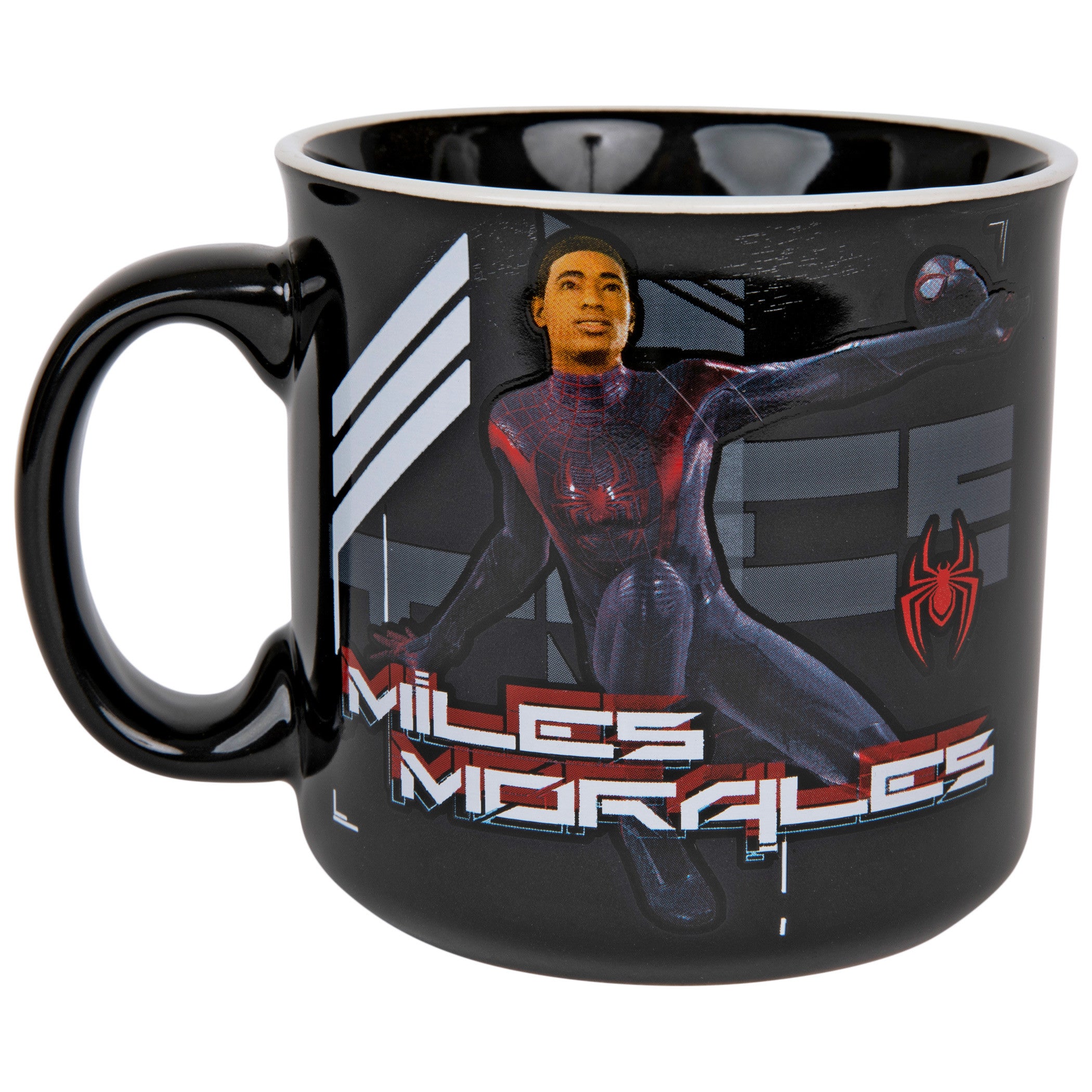 title:Spider-Man Miles Morales Holding Mask 20 Ounce Camper Mug;color:Black