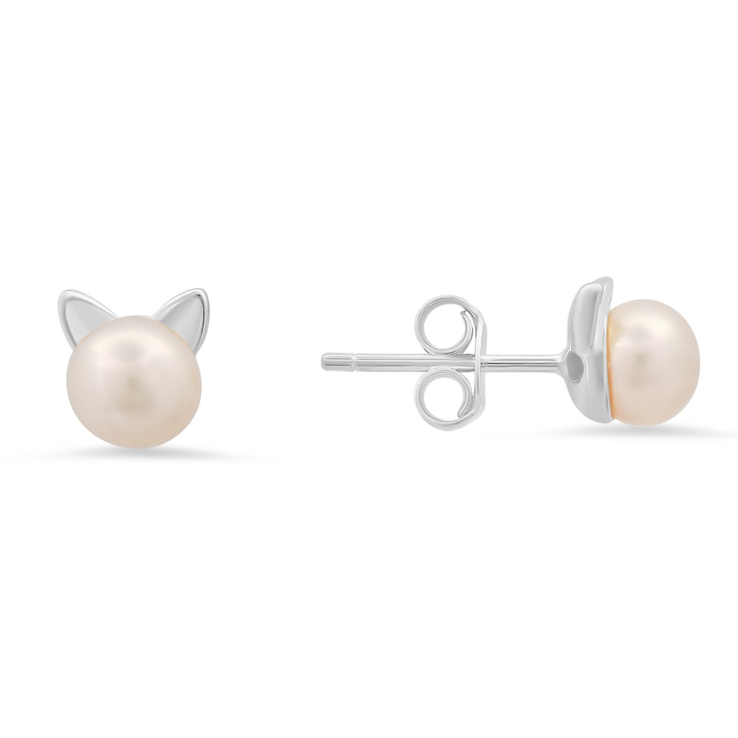 Sterling Silver Kitty Cat Pearl Stud Earrings - Ruumur