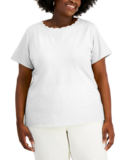 Anne Klein Women's Scalloped Short Sleeve Round Neck T-Shirt White Size 3X