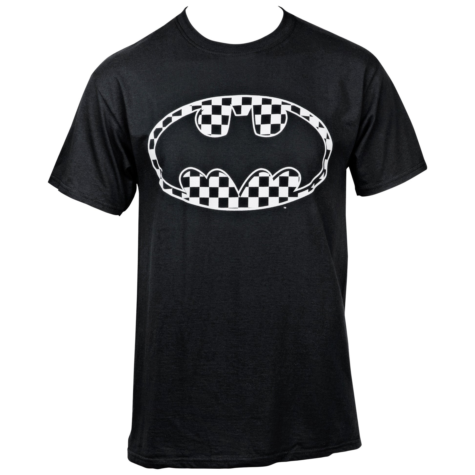 title:Batman Black and White Checkered Symbol T-Shirt;color:Black