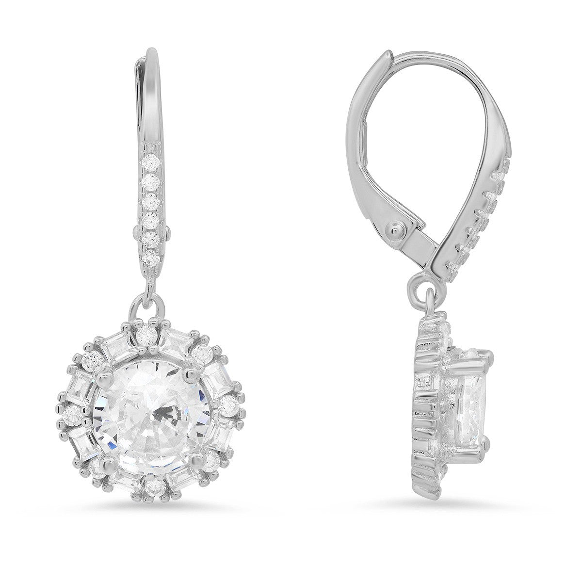 Sterling Silver Round and Baguette CZ Halo Leverback Earrings - Ruumur