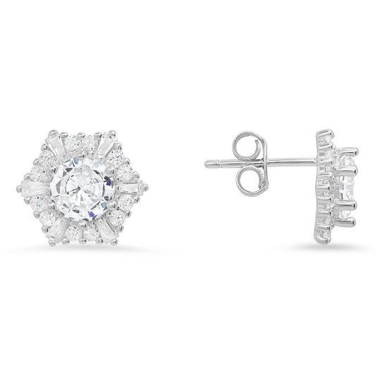 title:Sterling Silver Hexagon CZ Halo Stud Earrings;color:Silver