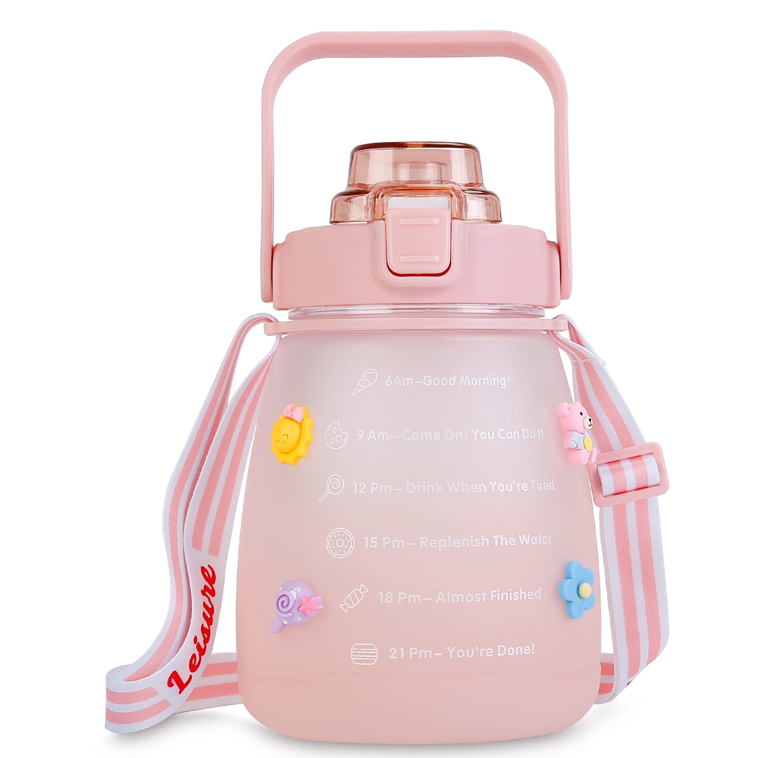 title:Kawaii Water Bottle with Straw 37.2oz Large Capacity Portable Sports Bottle with Cute Three-Dimensional Stickers;color:Pink