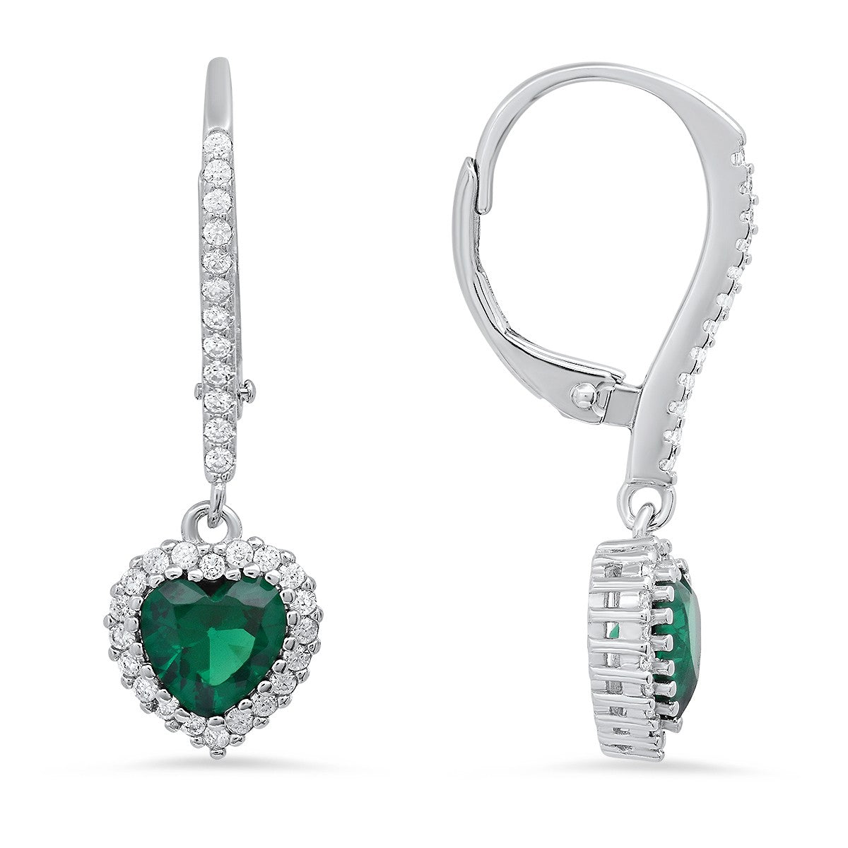 Sterling Silver Heart-cut Birthstone CZ Halo Leverback Earrings - Ruumur