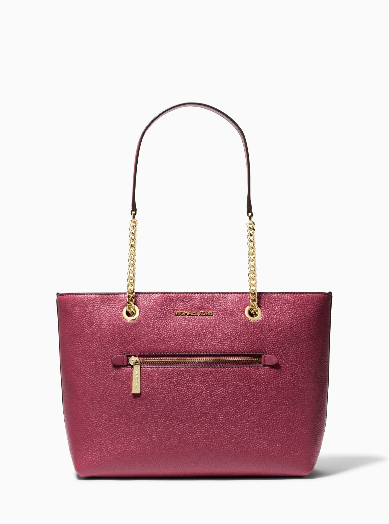 title:Michael Kors Jet Set Medium Pebbled Leather Chain Tote Bag;color:Mulberry