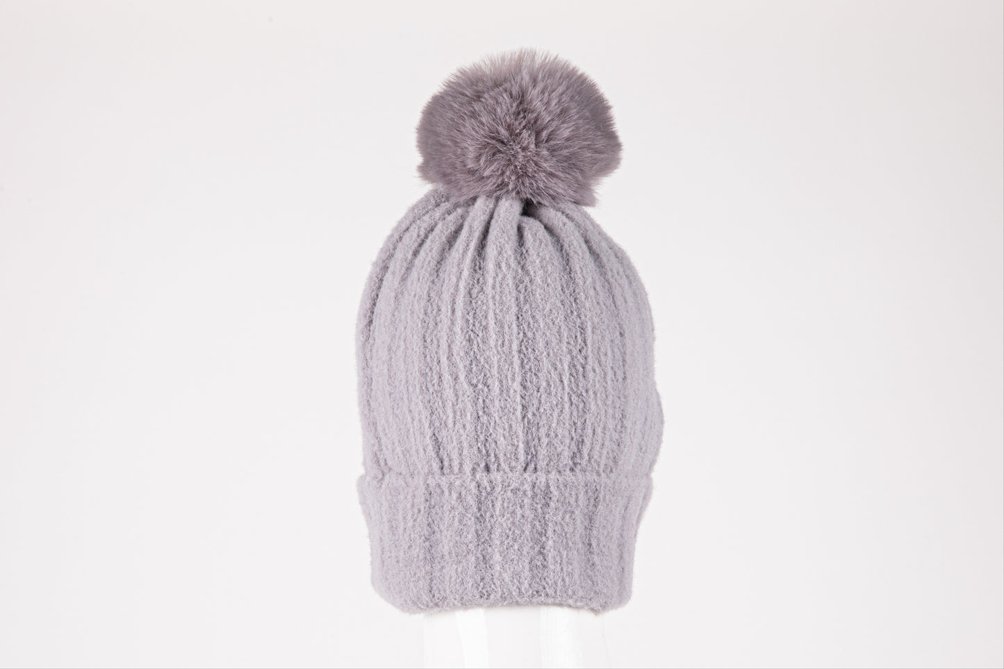 di firenze Rib Knit Hat With Faux Fur Pom Pom