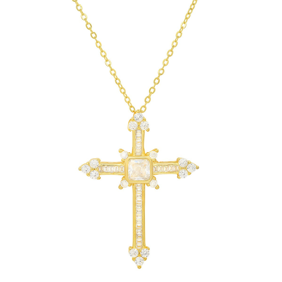 title:Sterling Silver Fancy CZ Cross Pendant;color:Gold