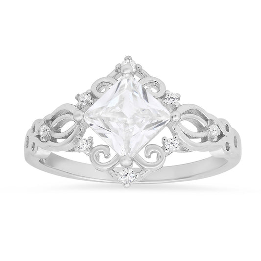 Sterling Silver Princess-cut CZ Filigree Ring - Ruumur