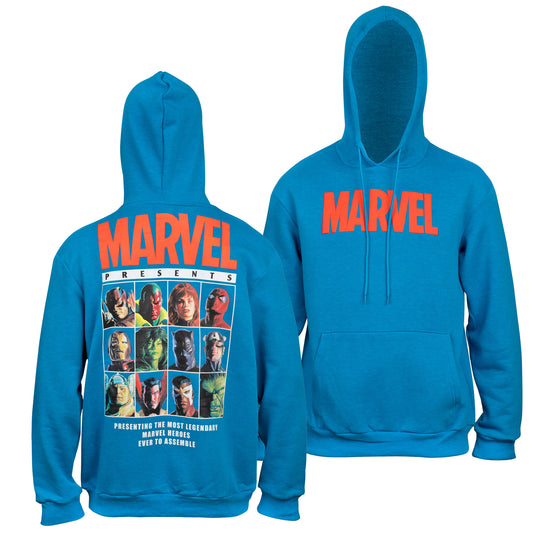 title:Marvel Brand Text Puff Print Hoodie With Character Line Up Back Print;color:Blue