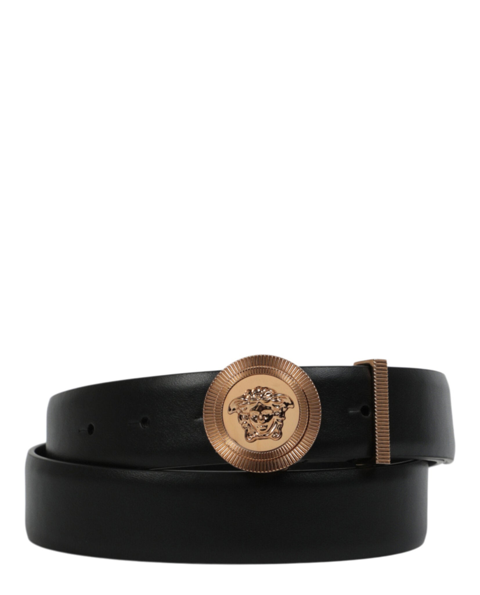 title:Medusa Biggie Leather Belt;color:Black Gold