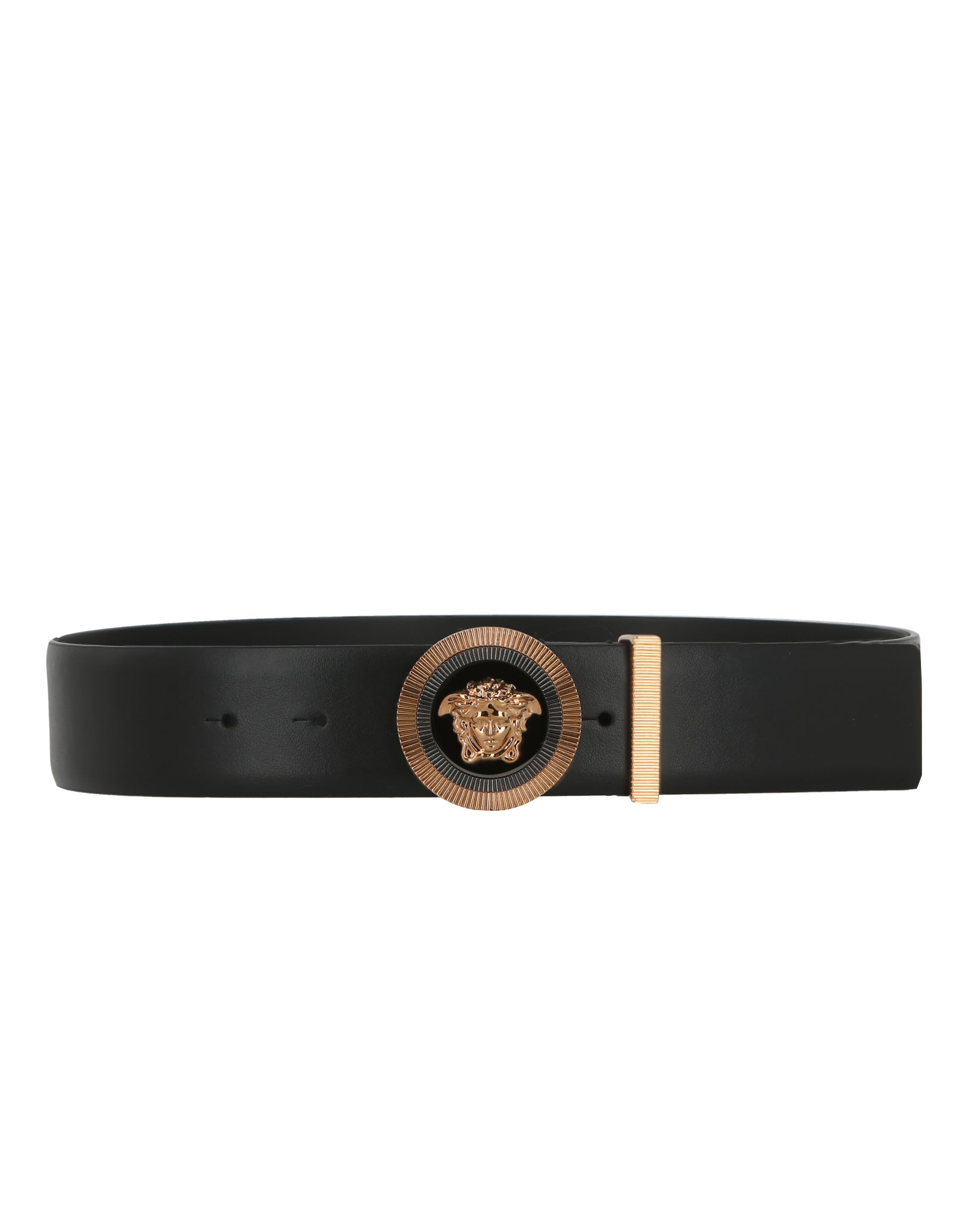 title:Enamel Medusa Leather Belt;color:Black Gold